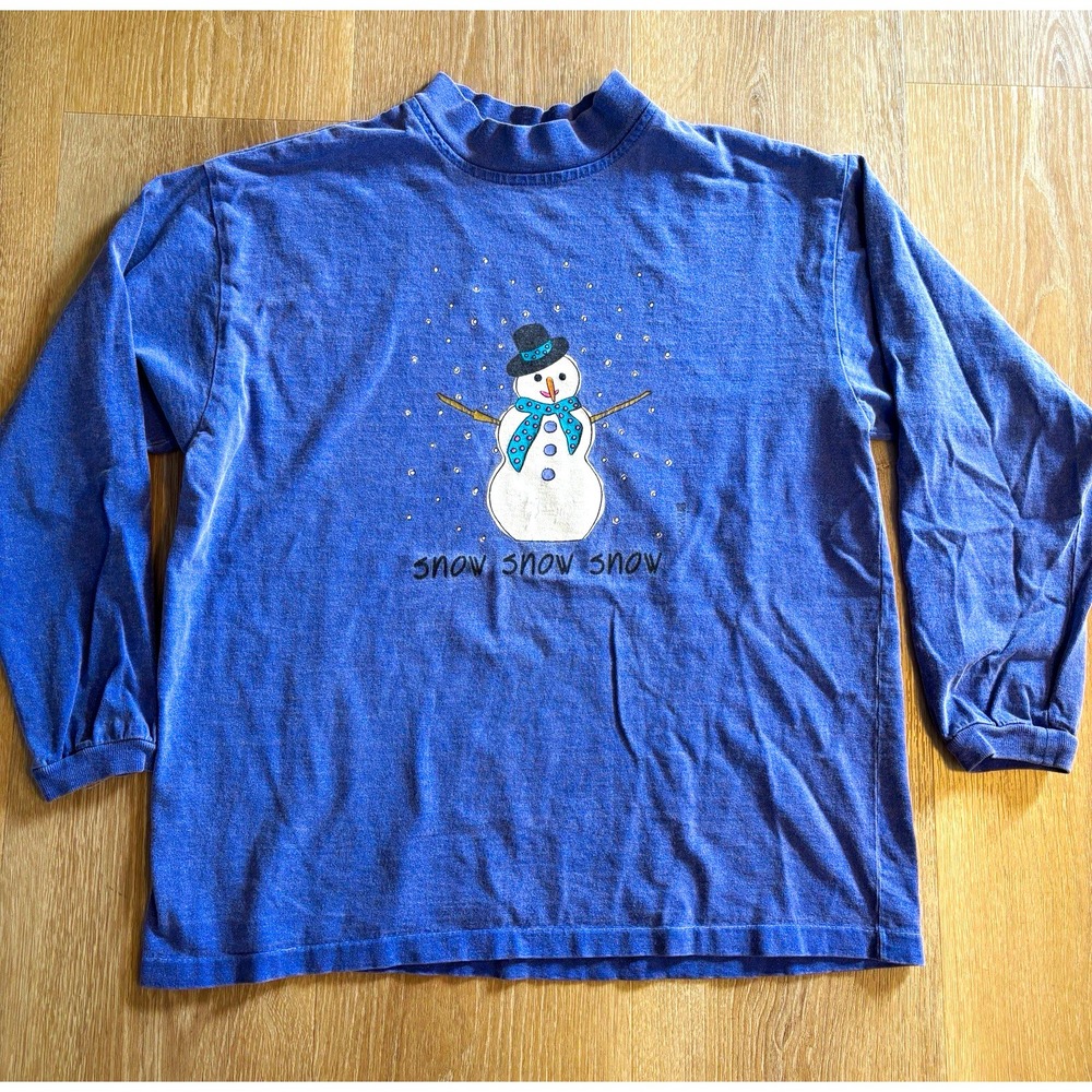 Vintage 90s Snowman Mock Neck Long Sleeve Shirt Purple Blue Winter Holiday Small